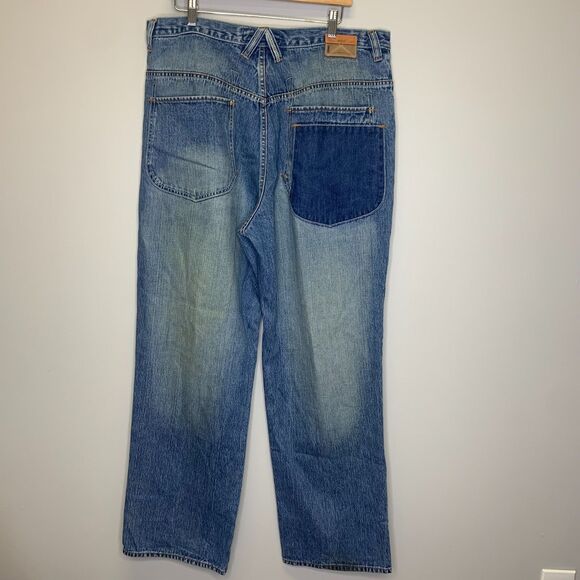 Vtg Rocawear Mens Jeans Blue Baggy Wide Leg Embroidered Patches Y2K‎ 38 x3 3.5 - Picture 2 of 13